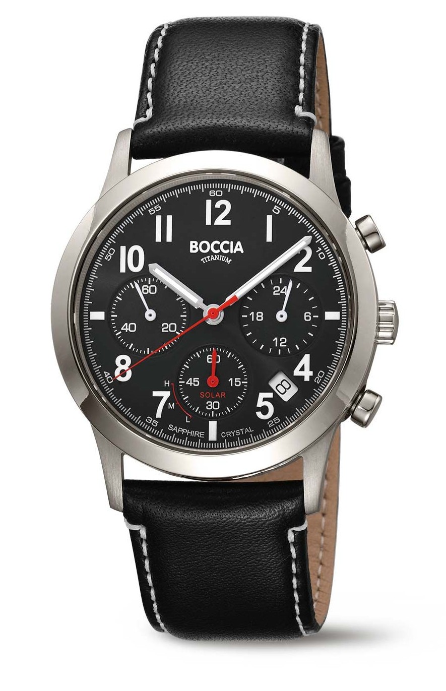 Boccia Herren Armbanduhr Solar 3735-01 Chronograph Titan Lederband schwarz