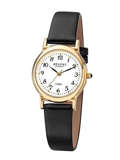 Regent Damen Armbanduhr F-015 Edelstahl gelbgold IP Lederband schwarz