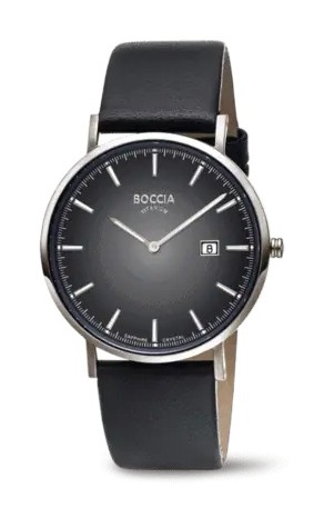 Boccia Herren Armbanduhr Slim 3648-04 Titan Lederband schwarz