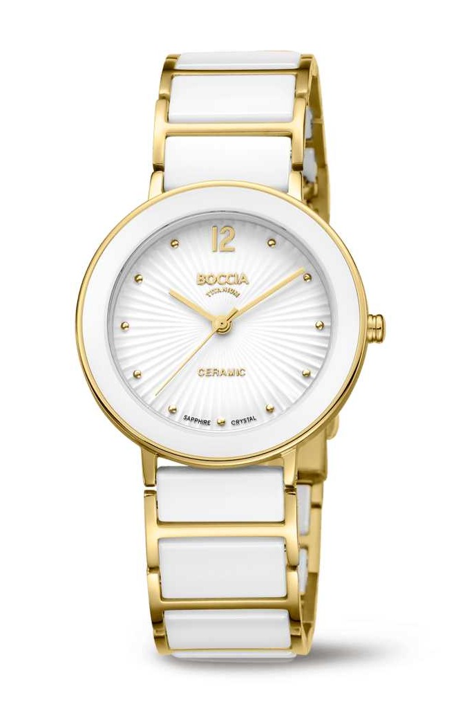 Boccia Damen Armbanduhr 3331-05 Ceramic weiß Titan gelbgold IP