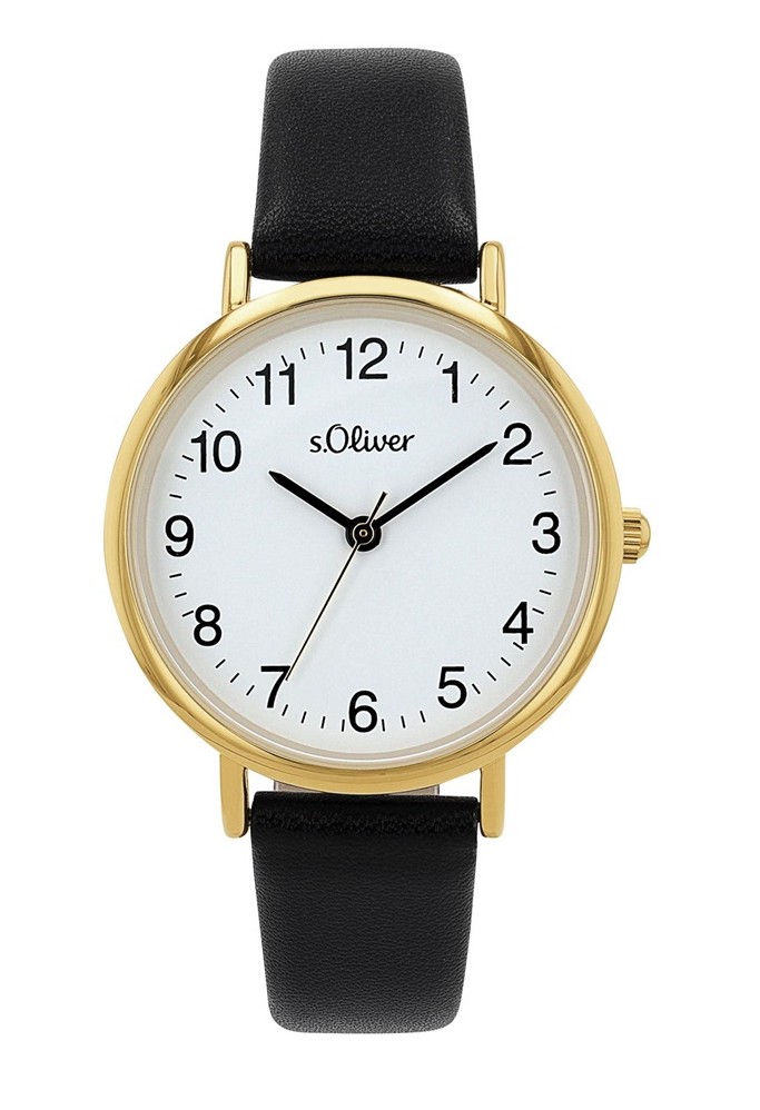 s.Oliver Damen Armbanduhr 2040120 gelbgold IP Kunstlederband schwarz