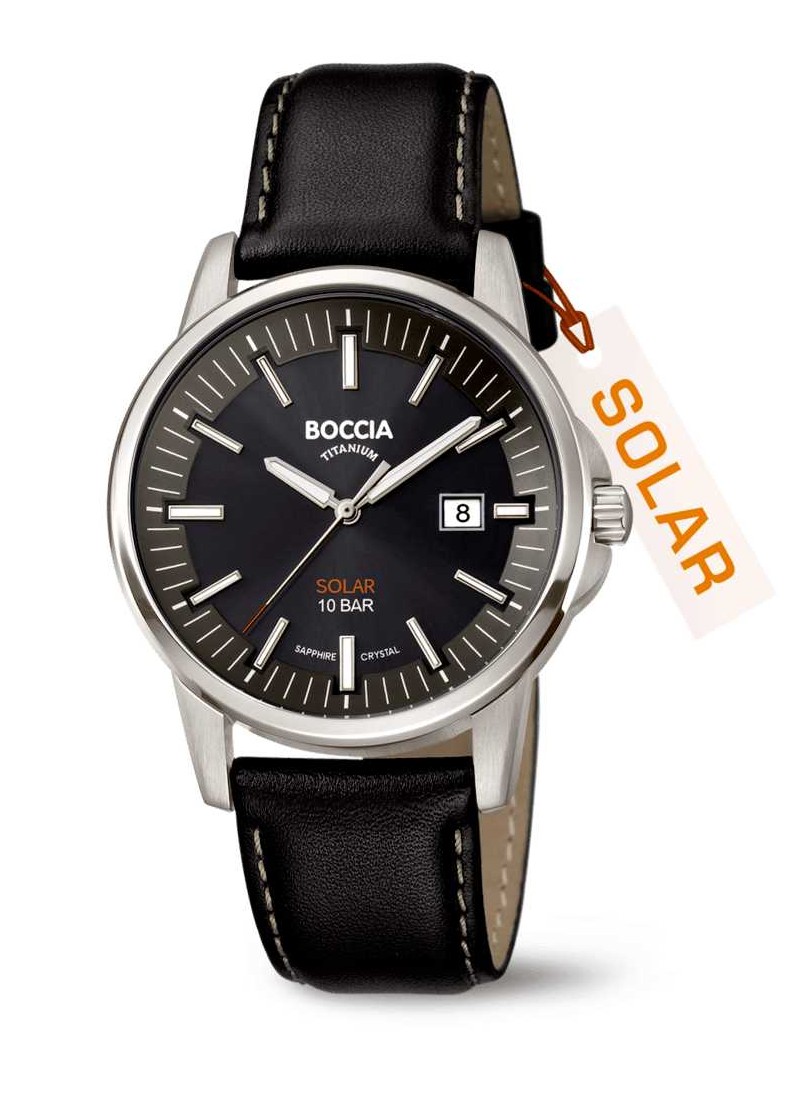 Boccia Herren Armbanduhr 3643-02 Solar Titan mit Lederband schwarz