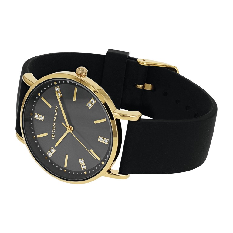 Tom Tailor Damen Armbanduhr 2100501 Gelbgold IP Silikonband schwarz