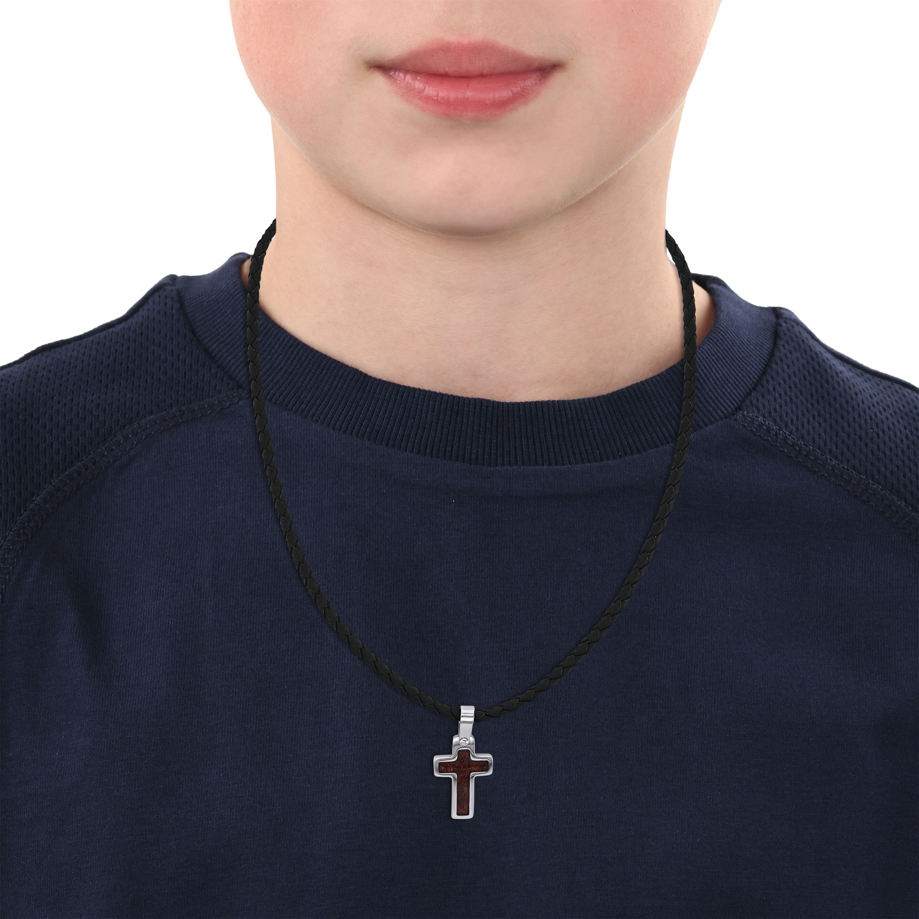 Tom Tailor Jungen Halskette 2101425 Leder braun mit Kreuzanhänger Edelstahl