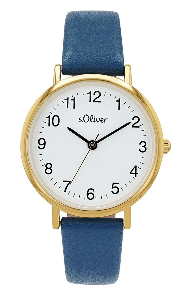 s.Oliver Damen Armbanduhr 2040121 gelbgold IP Kunstlederband blau