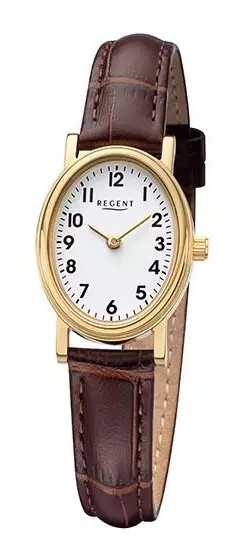 Regent Damen Armbanduhr F-1306 Edelstahl gold IP mit Lederband braun
