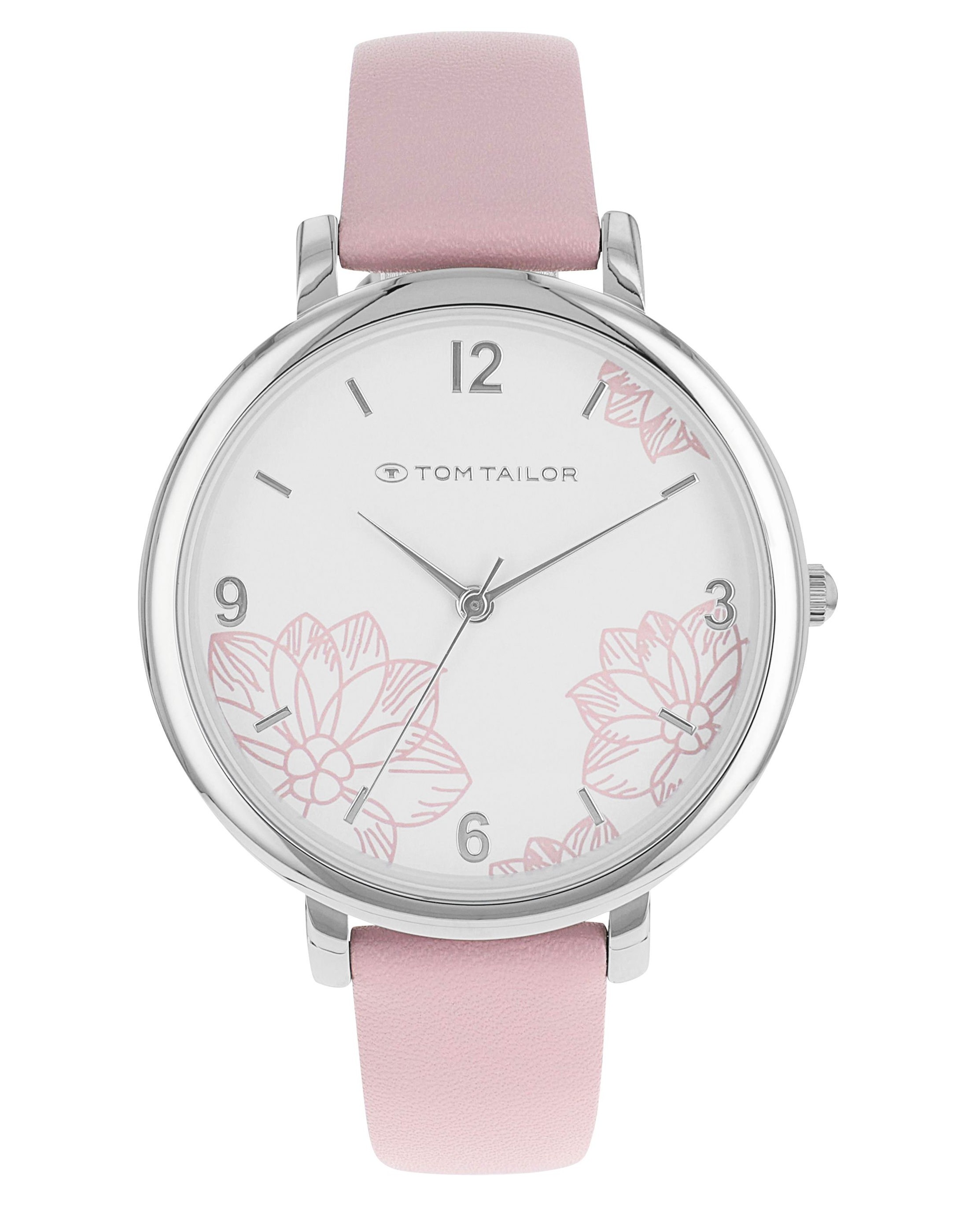 Tom Tailor Damen Armbanduhr 2100724 Blumenmotiv und rosa Kunstlederband