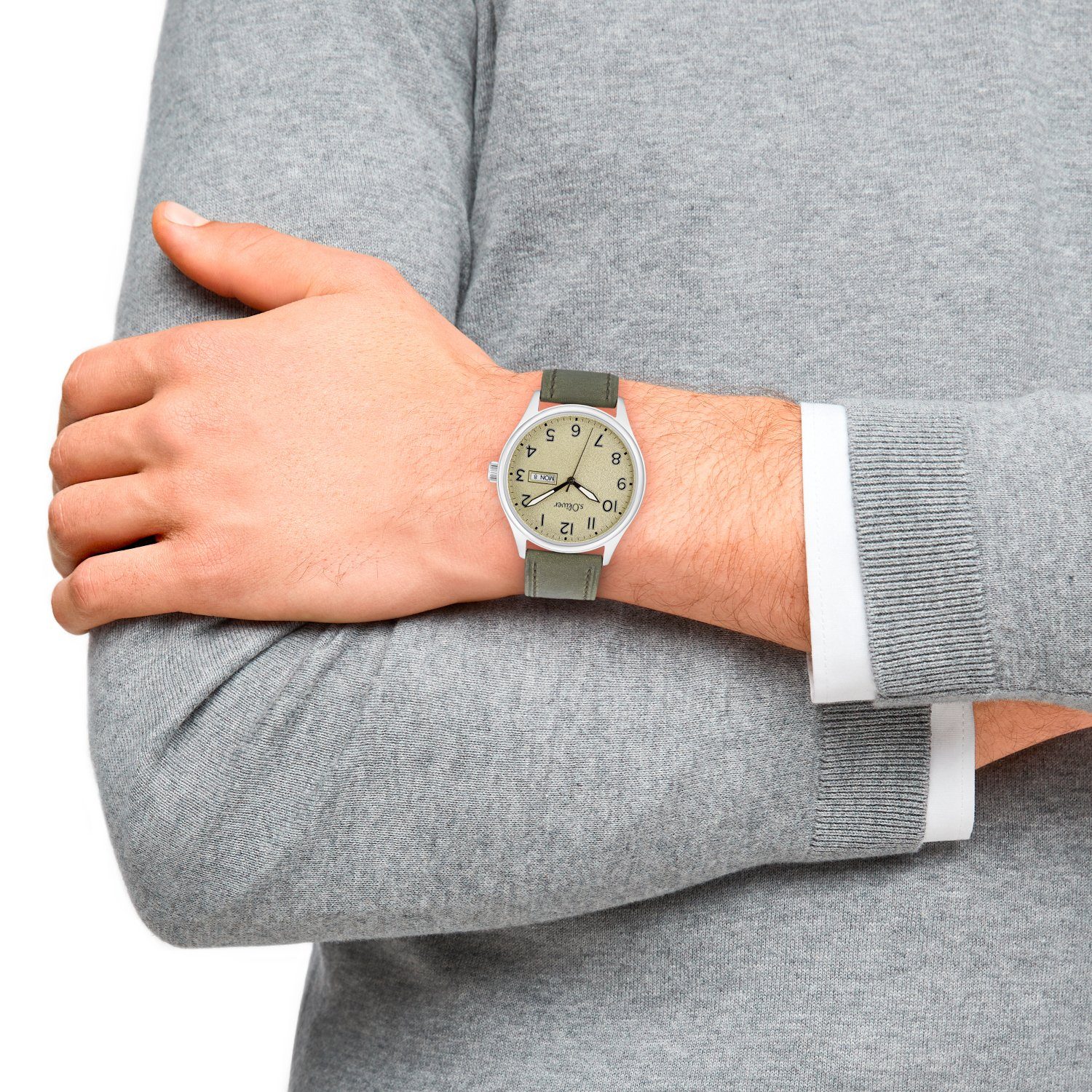 s.Oliver Herren Armbanduhr 2033480 Edelstahl Leder grün