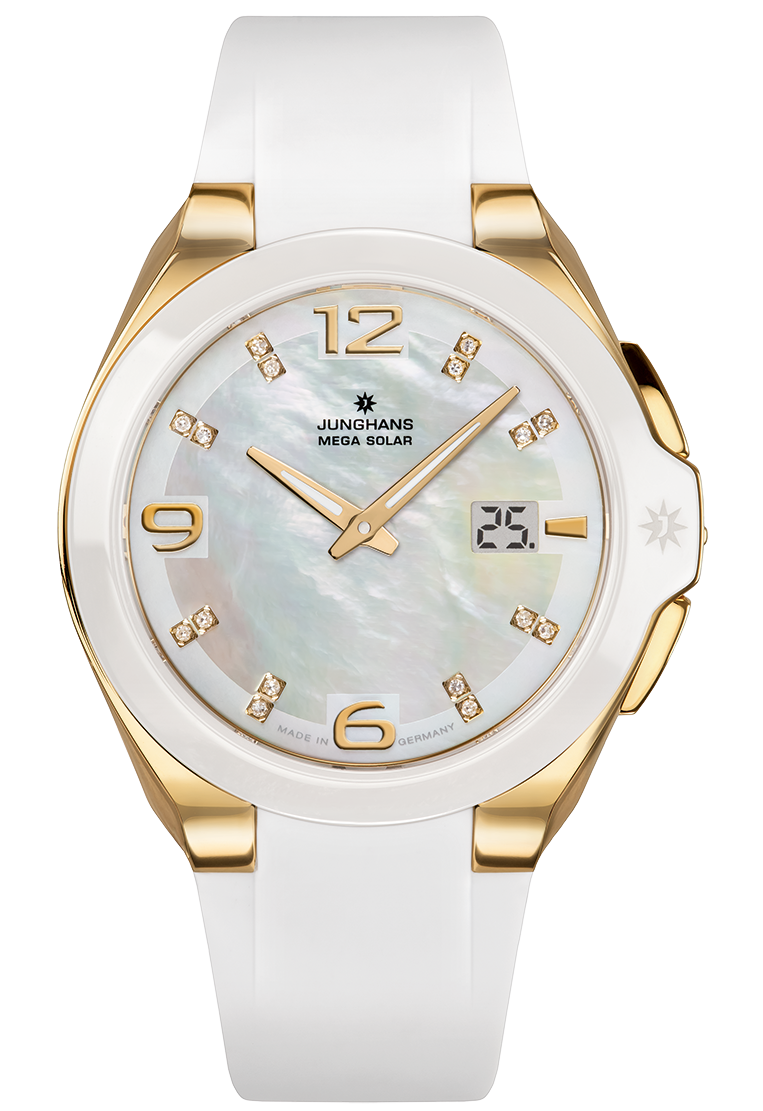 Junghans Damen Armbanduhr 015/1506.00 Spektrum Mega Solar gold IP Keramik weiß