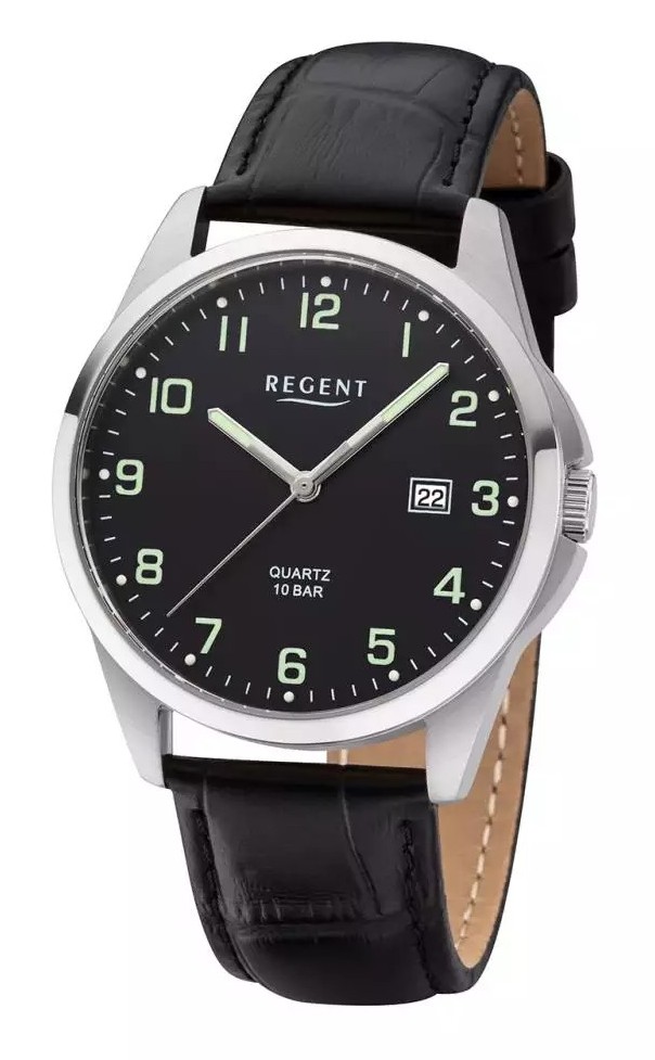 Regent Herren Armbanduhr F-1227 Edelstahl Lederband schwarz