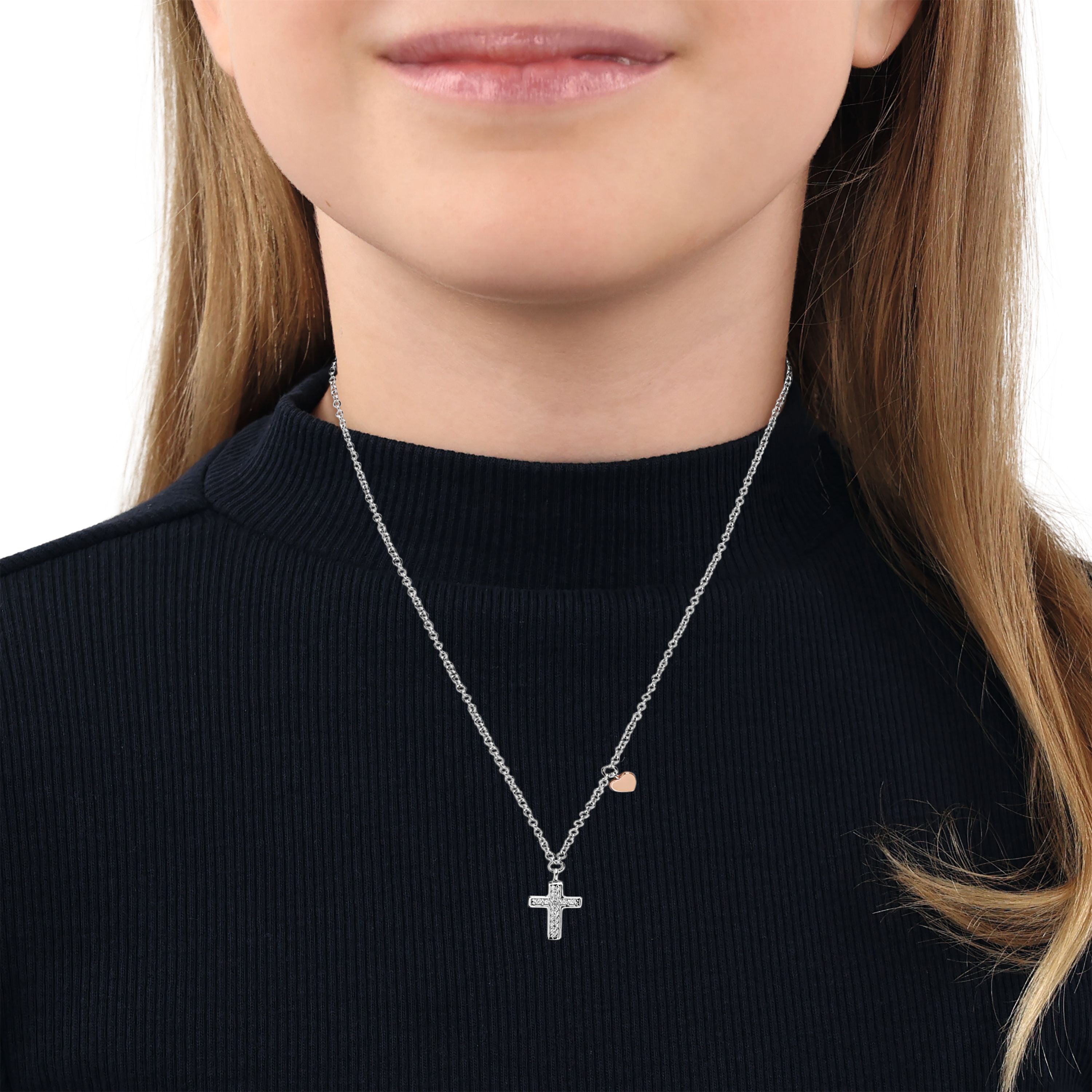 Tom Tailor Mädchen Halskette Kreuz und Herz 2101381 Silber 925 synth. Zirkonia
