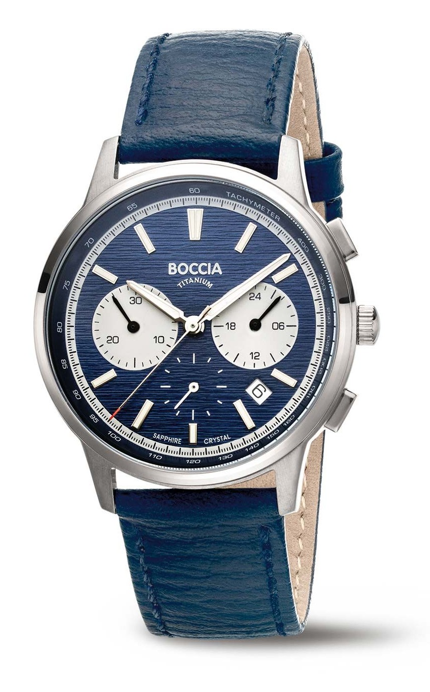 Boccia Herren Armbanduhr Sport 3734-02 Chronograph Titan Lederband blau