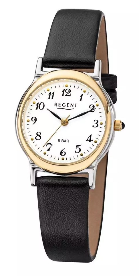 Regent Damen Armbanduhr F-014 Edelstahl bicolor Lederband schwarz