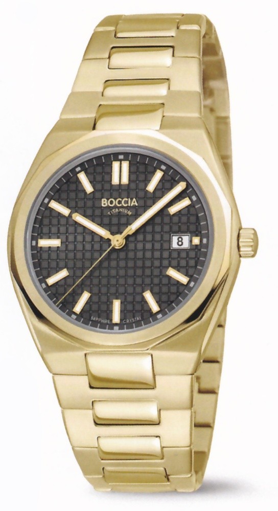 Boccia Herren Armbanduhr Classic 3681-02 Reintitan goldplattiert mit grauem Sunray-Zifferblatt
