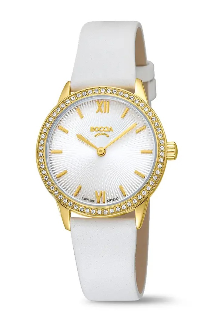 Boccia Damen Armbanduhr Trend 3382-02 Titan goldplattiert mit Glaskristallen und Lederband weiß
