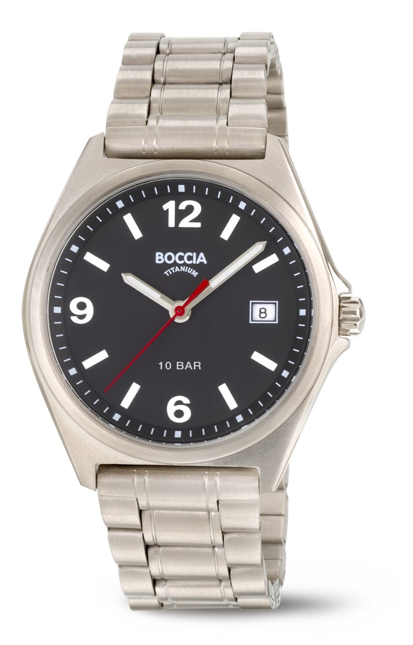 Boccia Herren Armbanduhr Classic 3663-01 Reintitan mit schwarzem Zifferblatt