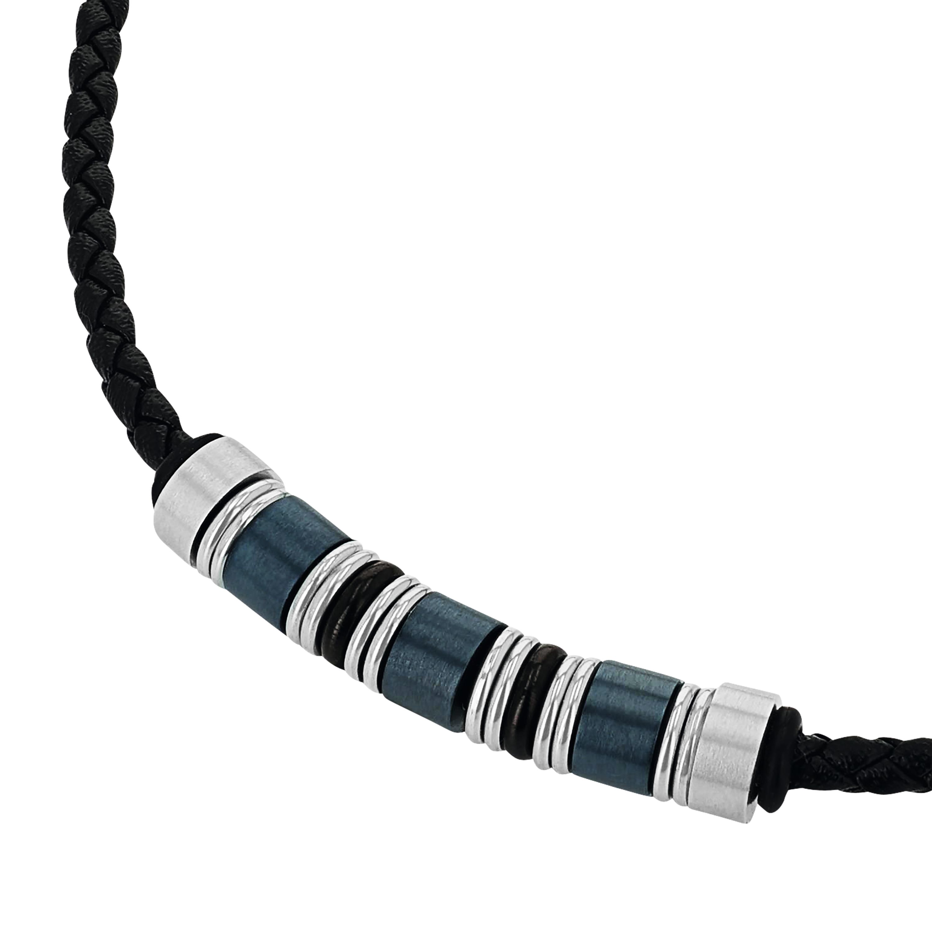 Tom Tailor Herren Halskette 2100550 Leder schwarz Edelstahlbeads blau