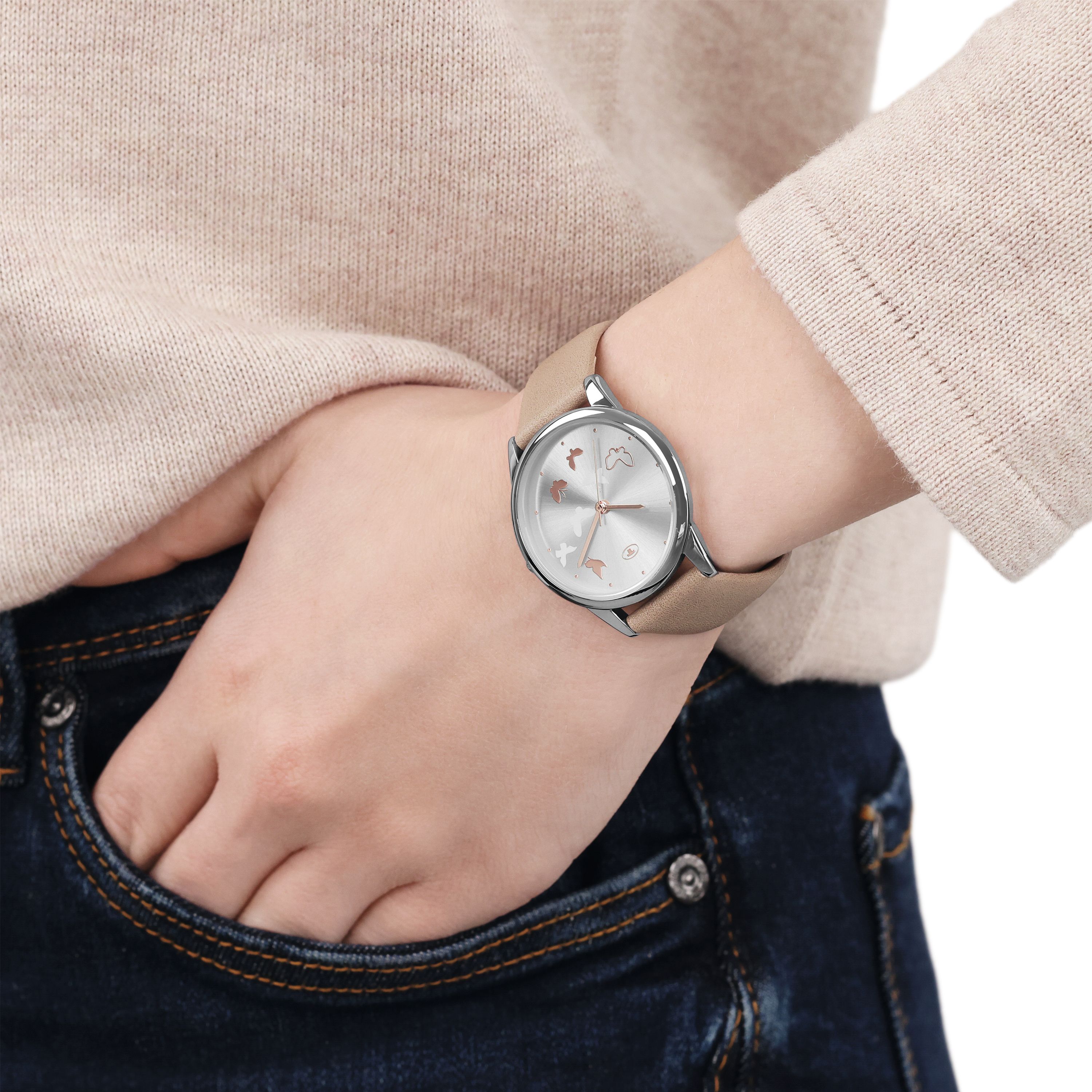 Tom Tailor Damen Armbanduhr 2100721 Schmetterlingmotiv Kunstlederband beige