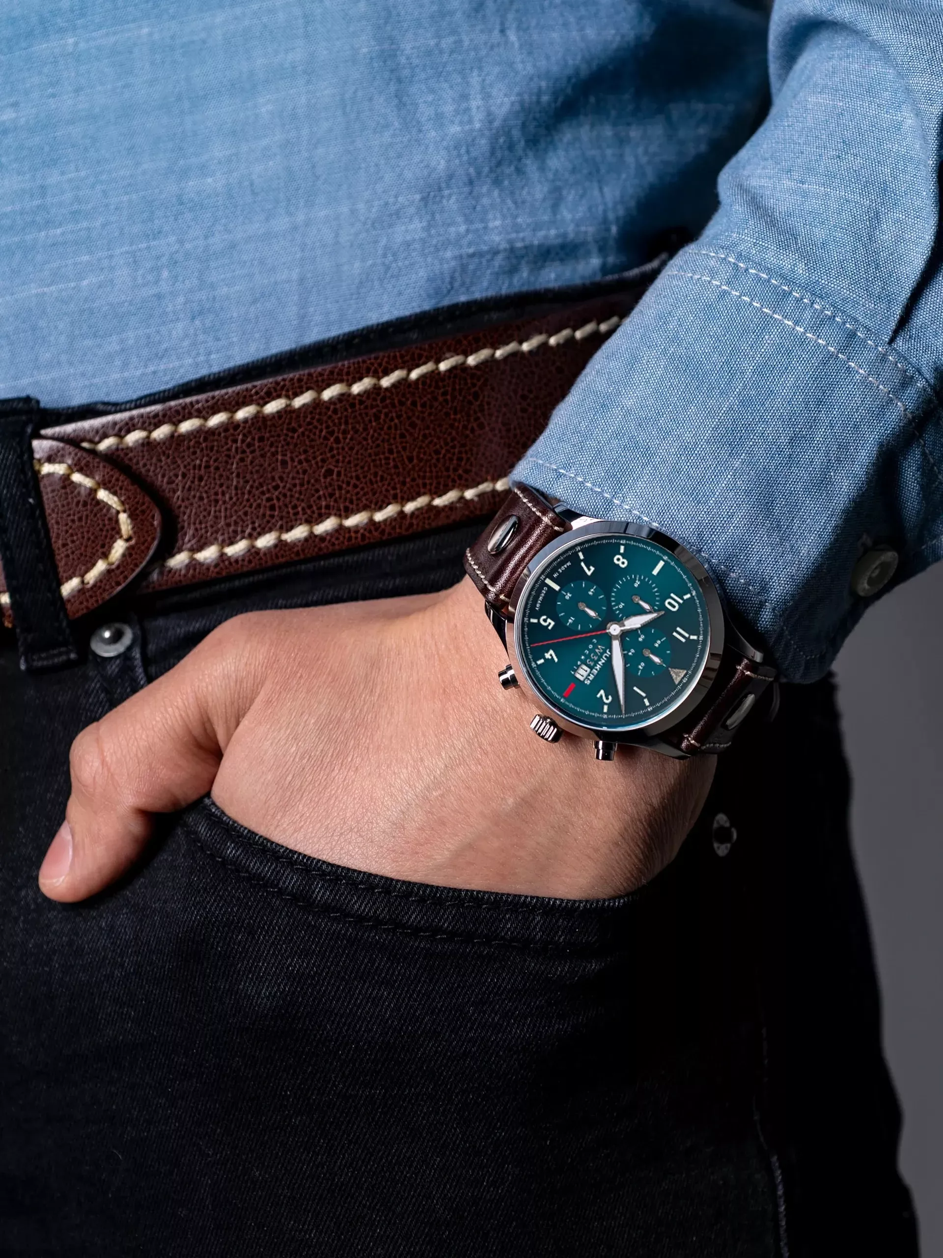 Junkers Herren Armbanduhr Cockpit 9.14.03.12 Chronograph Lederband braun