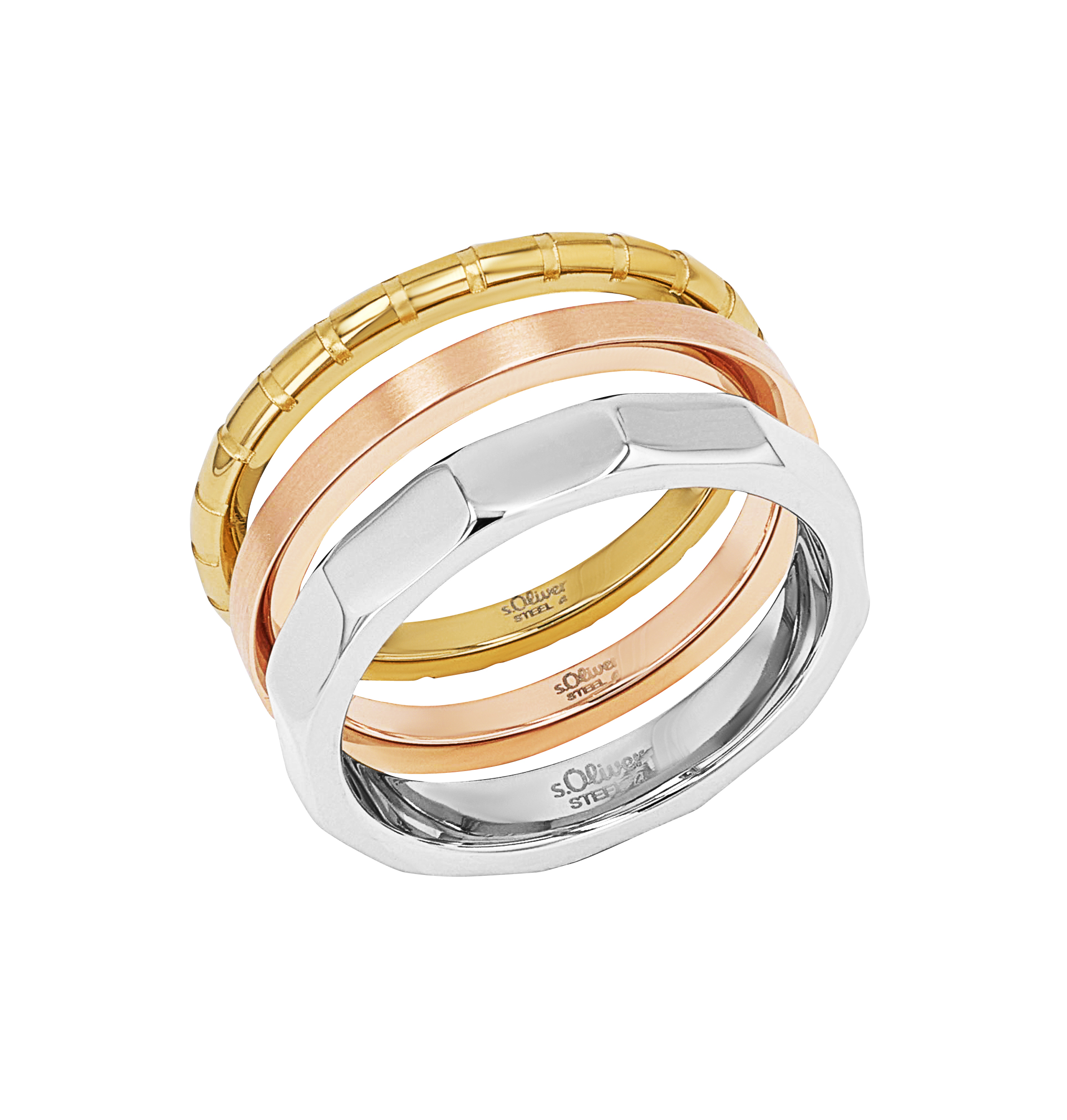 s.Oliver Damenring Set 2038890 2038891 2038892  2038893 dreiteilig Edelstahl Gelbgold + Roségold IP