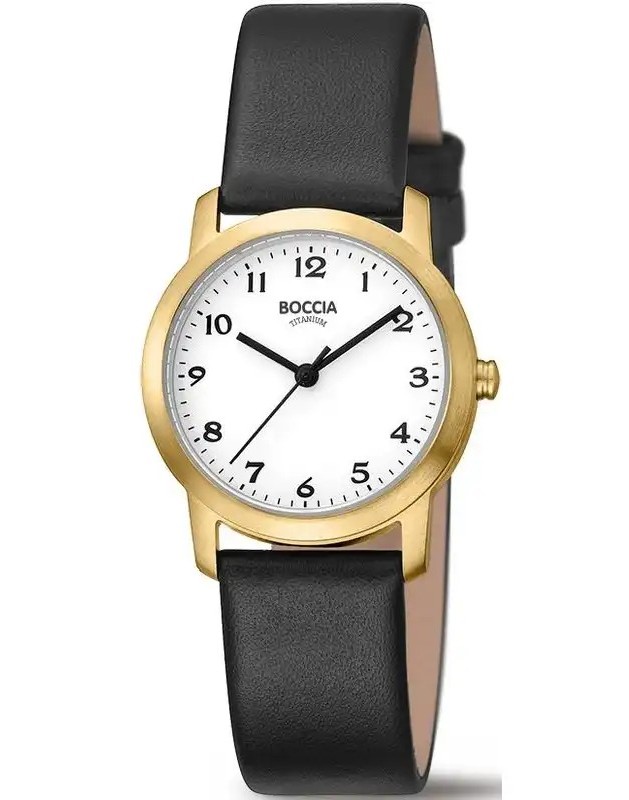 Boccia Damen Armbanduhr Classic 3291-04 Reintitan goldplattiert mit Lederband schwarz