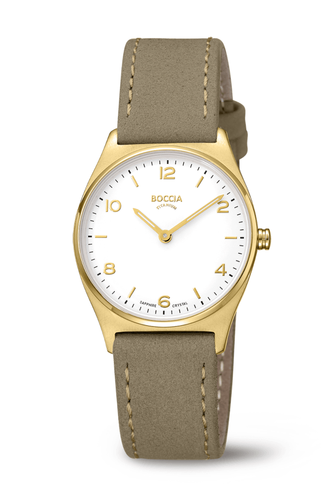 Boccia Damen Armbanduhr 3338-03 Titan goldplattiert Lederband beige