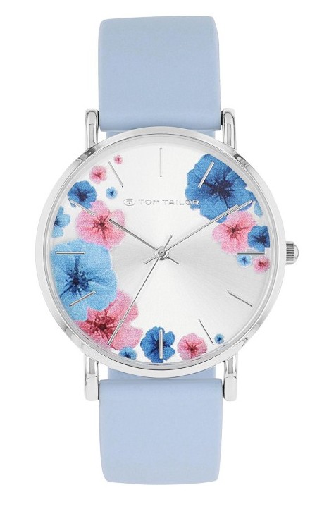 Tom Tailor Damen Armbanduhr 2100507 Blumenmotiv Silber IP Silikonband hellblau