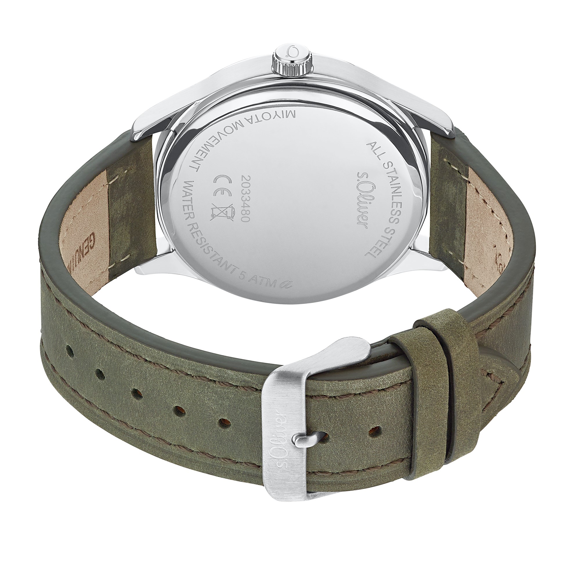 s.Oliver Herren Armbanduhr 2033480 Edelstahl Leder grün