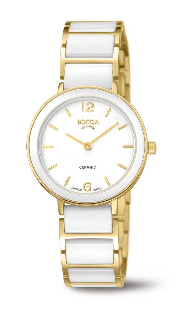 Boccia Damen Armbanduhr 3311-03 Titan gelbgold IP Ceramic weiß