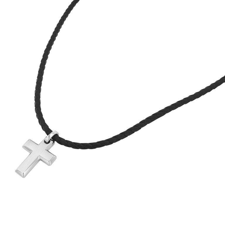 Tom Tailor Herren Halskette 2100699 Leder geflochten Schwarz mit Anhänger Kreuz Edelstahl