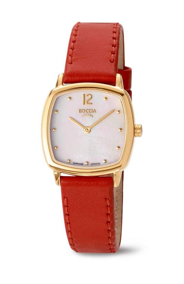 Boccia Damen Armbanduhr Trend 3343-03 Titan gelgold IP Lederband mandarinrot