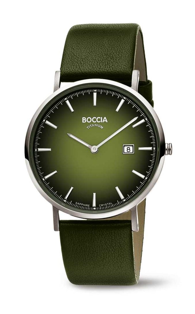 Boccia Herren Armbanduhr Slim 3648-03 Titan Lederband dunkelgrün