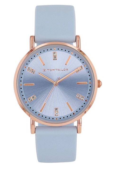 Tom Tailor Damen Armbanduhr 2100502 Roségold IP Silikonband hellblau