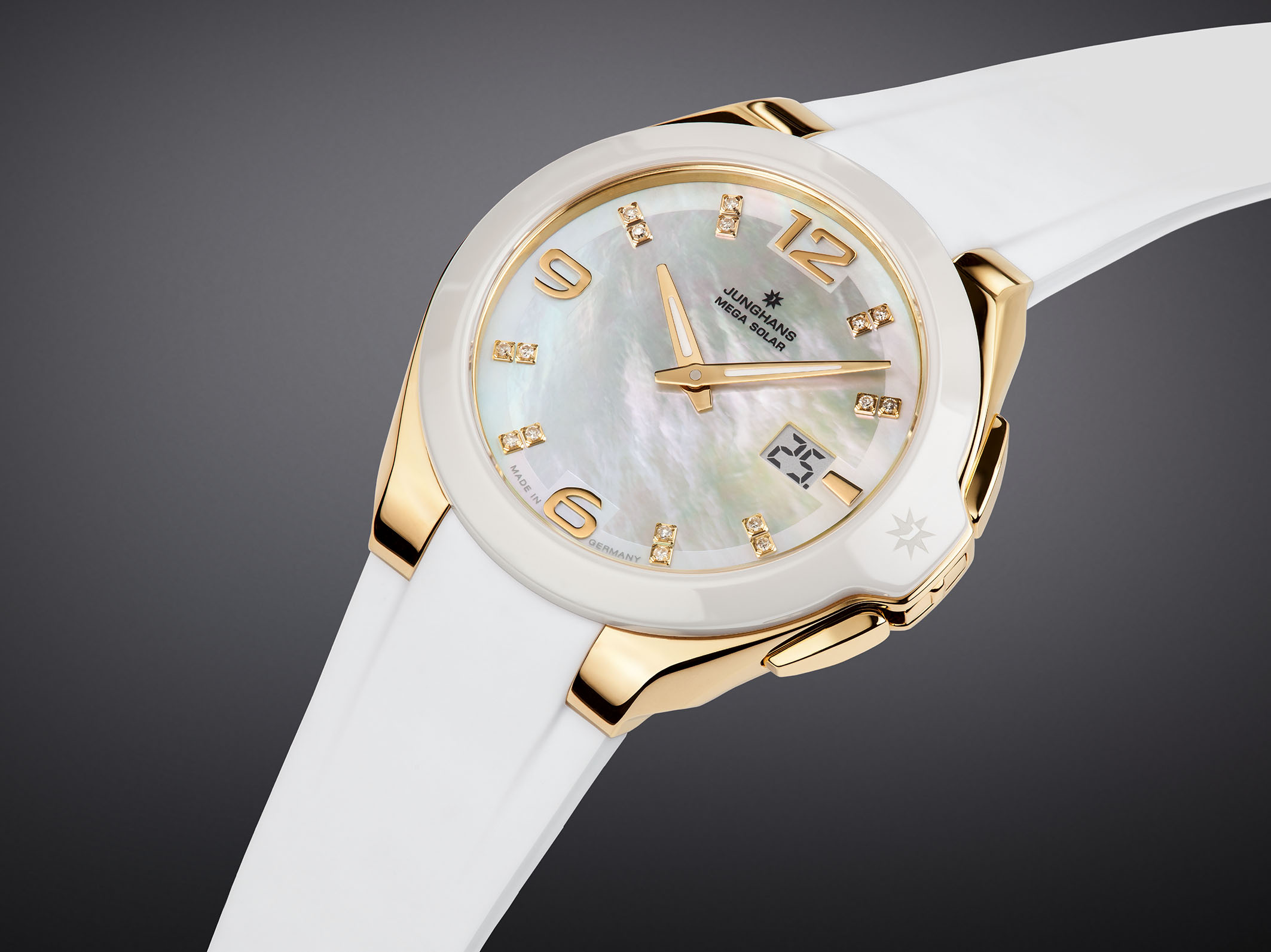 Junghans Damen Armbanduhr 015/1506.00 Spektrum Mega Solar gold IP Keramik weiß