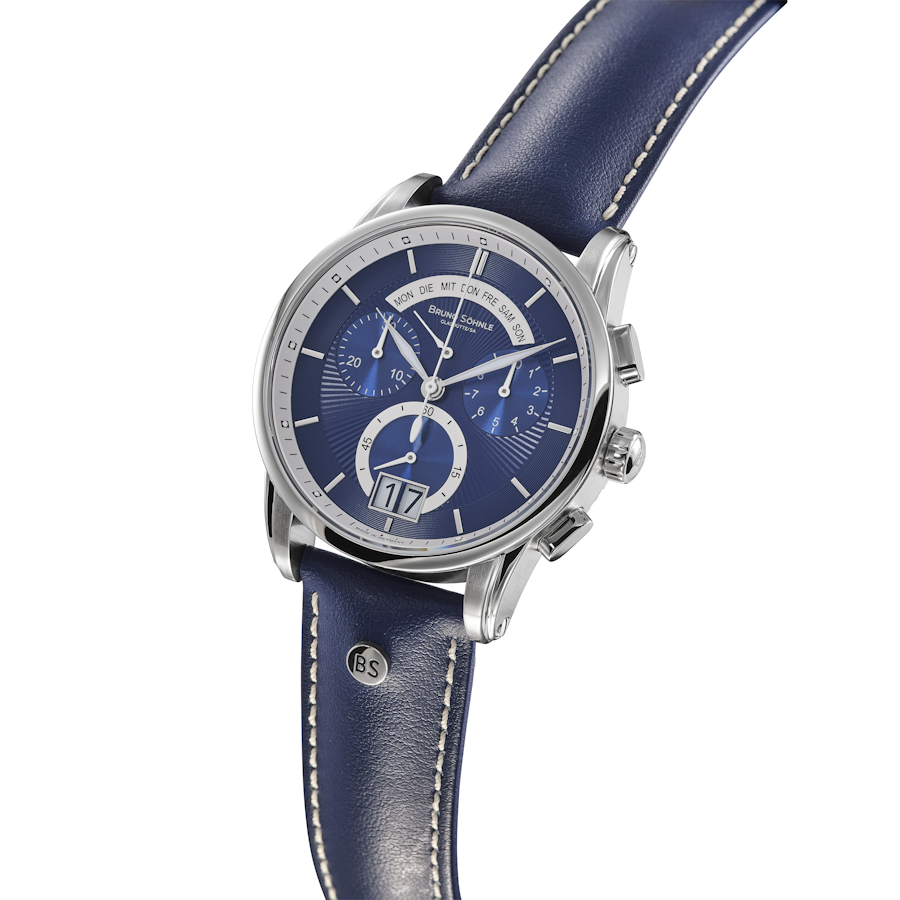 Bruno Söhnle Herren Armbanduhr 17-13117-341 Grandioso Chronograph Edelstahl Lederband blau