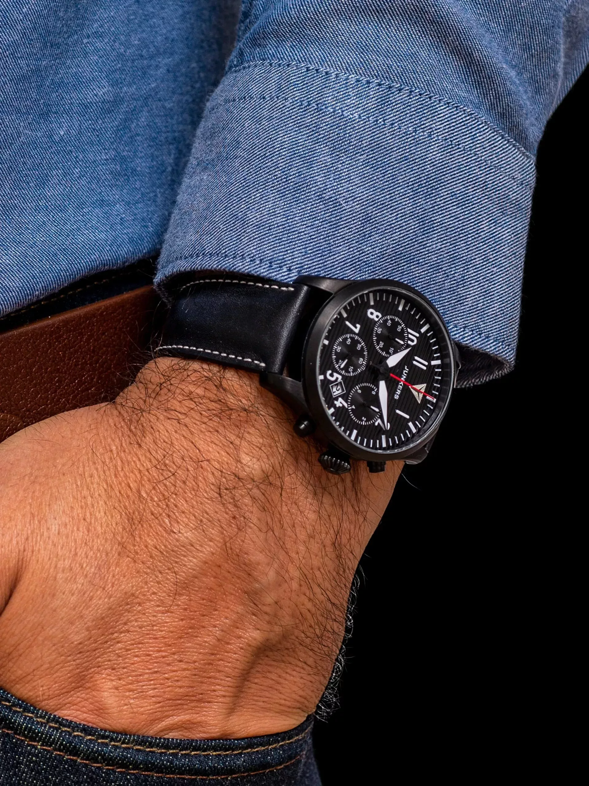 Junkers Herren Armbanduhr 9.56.01.02 Flieger Chronograph Lederband schwarz