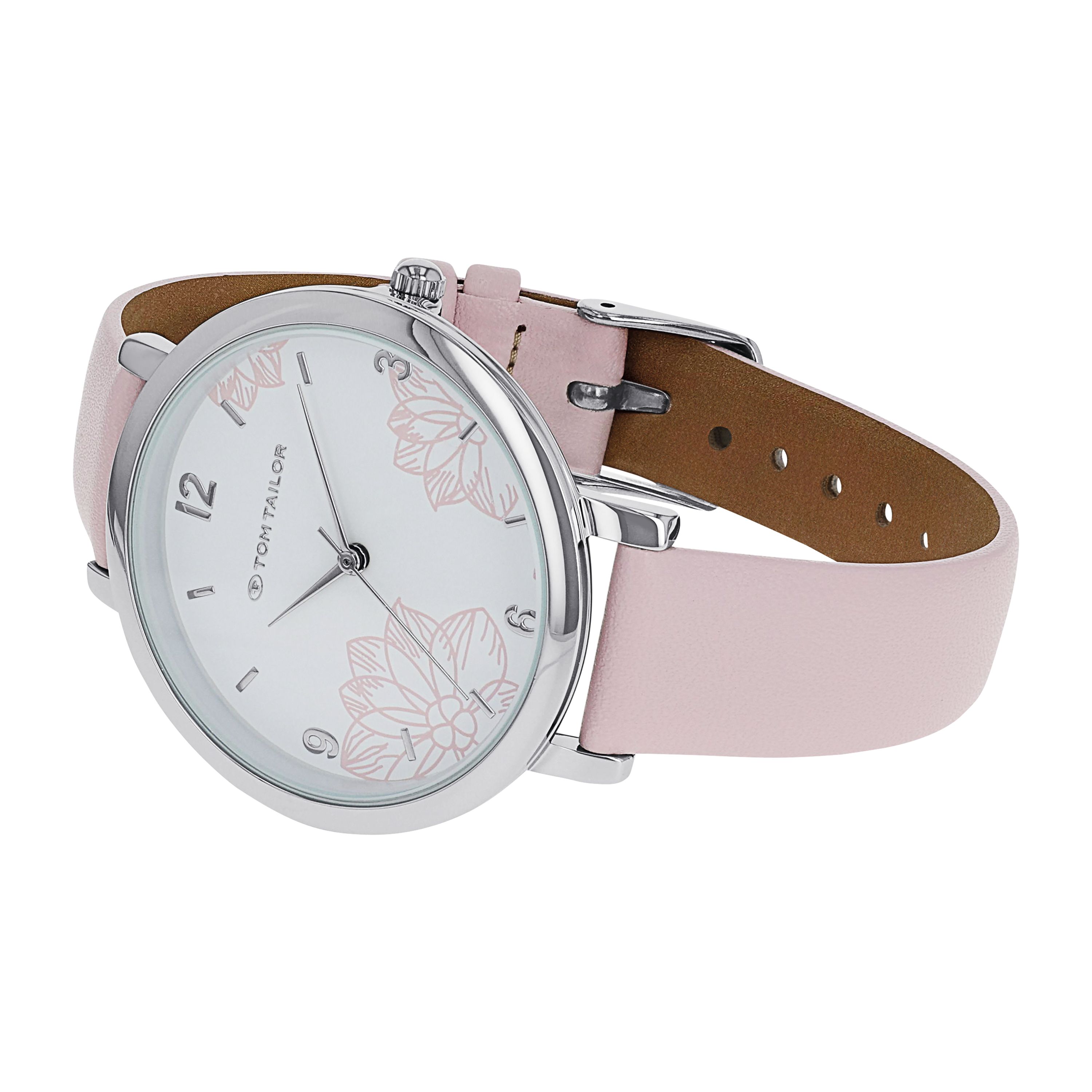 Tom Tailor Damen Armbanduhr 2100724 Blumenmotiv und rosa Kunstlederband