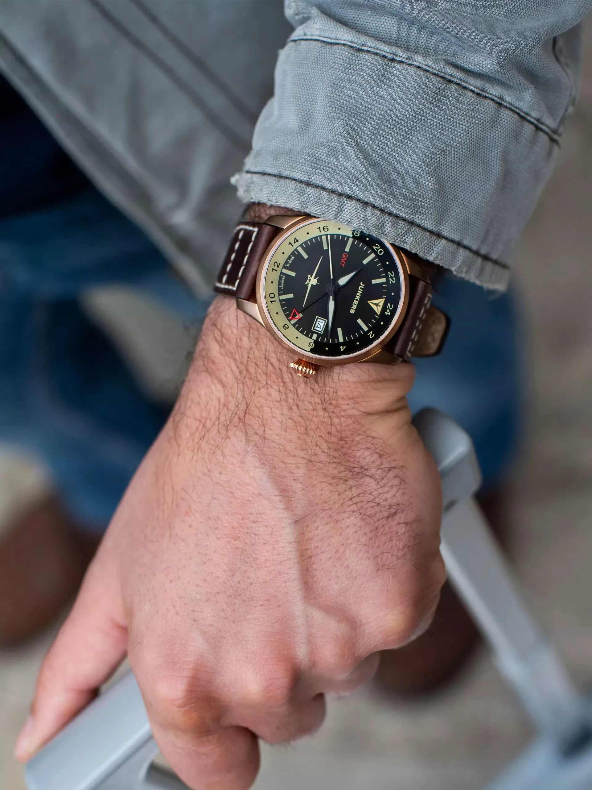 Junkers Herren Armbanduhr Flieger GMT 9.66.01.02 Lederband braun 