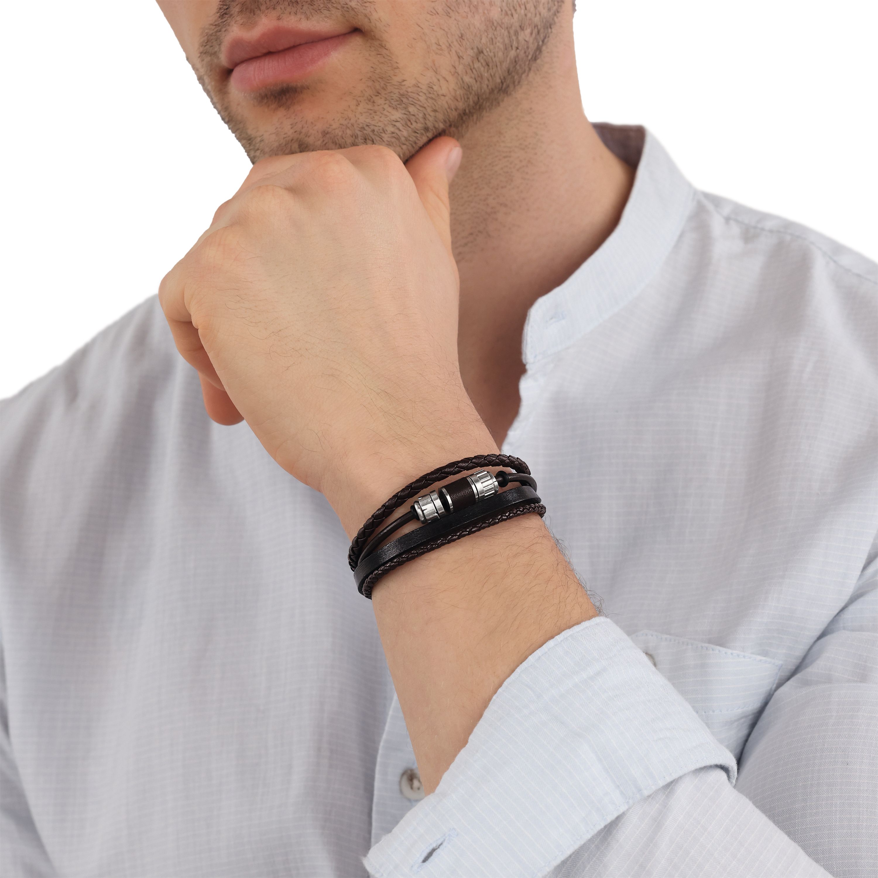 Tom Tailor Herren Armband 2101414 Leder braun mit Edelstahl-Beads