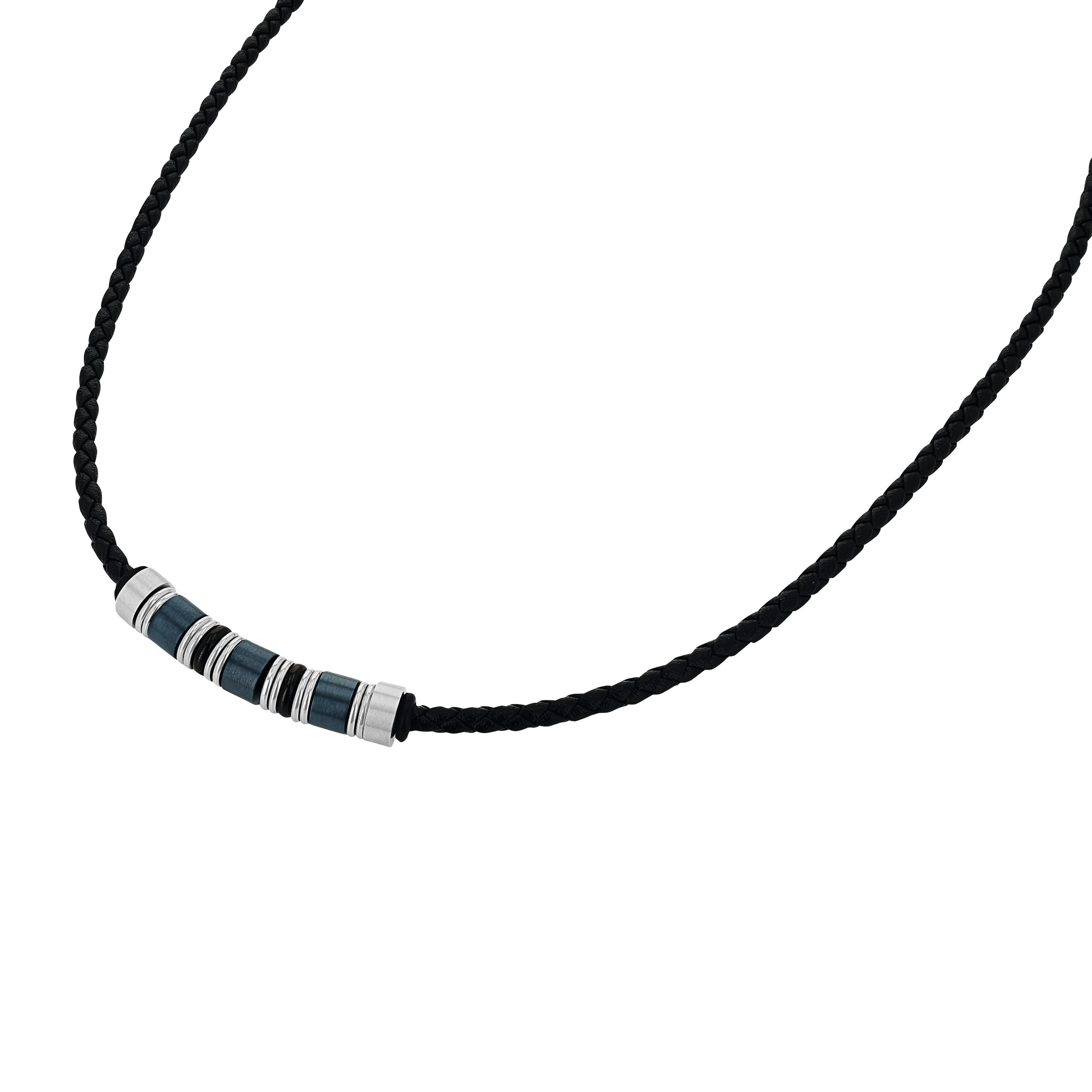 Tom Tailor Herren Halskette 2100550 Leder schwarz Edelstahlbeads blau