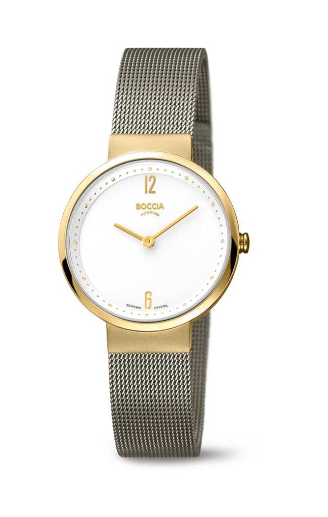 Boccia Damen Armbanduhr Slim 3283-05 Titan gelbgold IP Edelstahlmilanaiseband grau