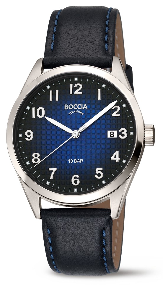 Boccia Herren Armbanduhr 3682-02 Classic Titan Dégradé-Zifferblatt und Lederband Schwarz-Blau