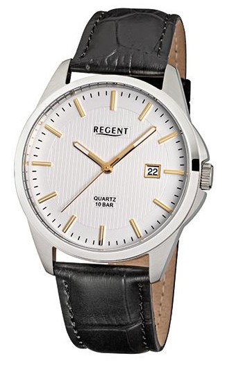 Regent Herren Armbanduhr F-915 Edelstahl Lederband schwarz