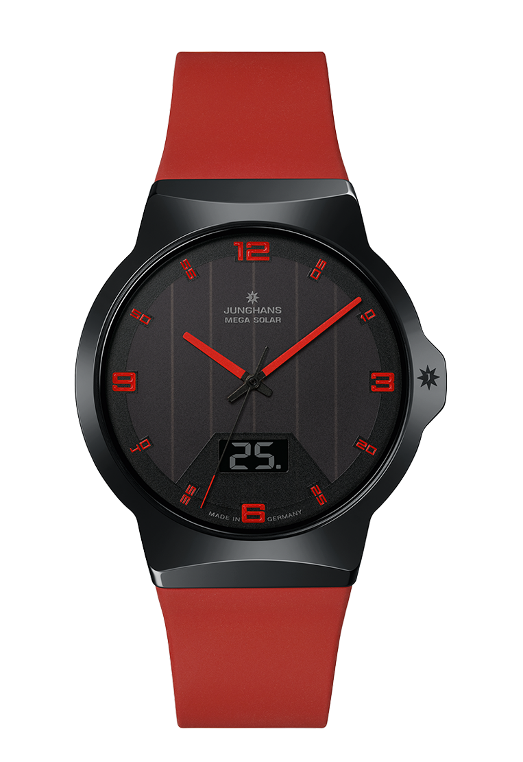 Junghans Herren Armbanduhr 018/1402.00 Force Mega Solar Kautschukband rot