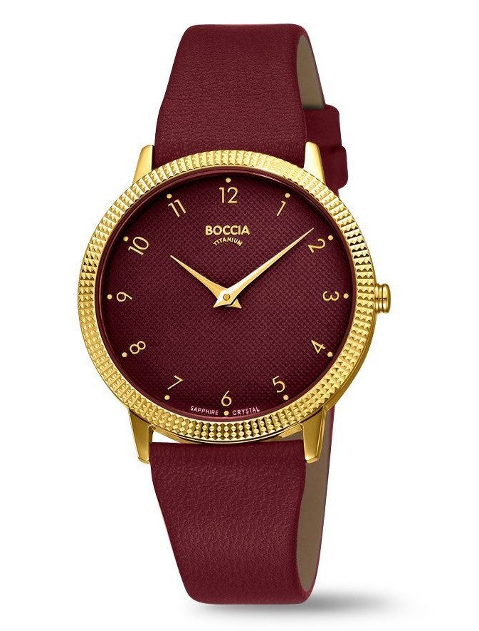 Boccia Damen Armbanduhr Trend 3381-03 Reintitan goldplattiert mit Lederband bordeauxrot
