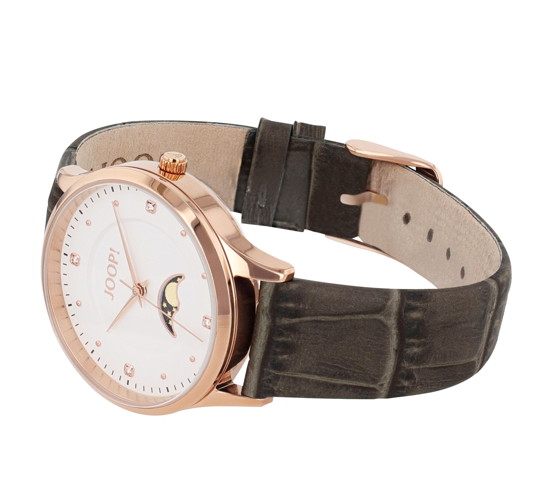 JOOP! Damen Armbanduhr Mondphase 2039574 Edelstahl roségold IP Lederband braun