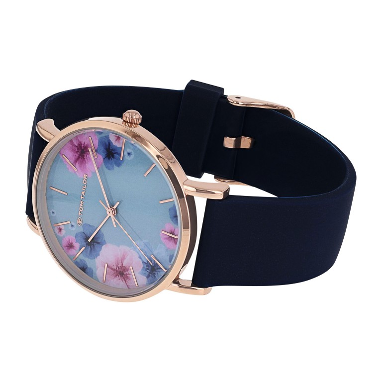 Tom Tailor Damen Armbanduhr 2100506 Blumenmotiv Roségold IP Silikonband dunkelblau
